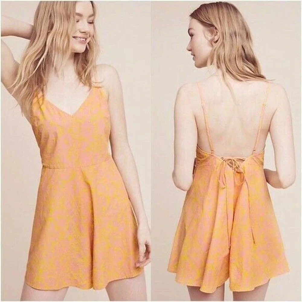 Anthropologie Lilka Saffron Romper Culottes Tie Back Floral Pink Yellow Small